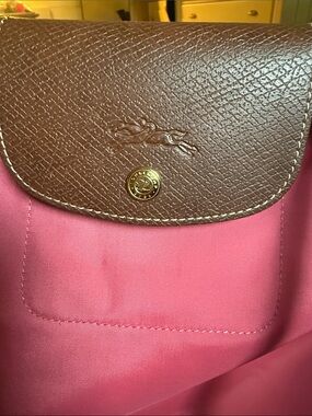 Longchamp Pink Tote with Brown Leather Flap and Gold Snap
